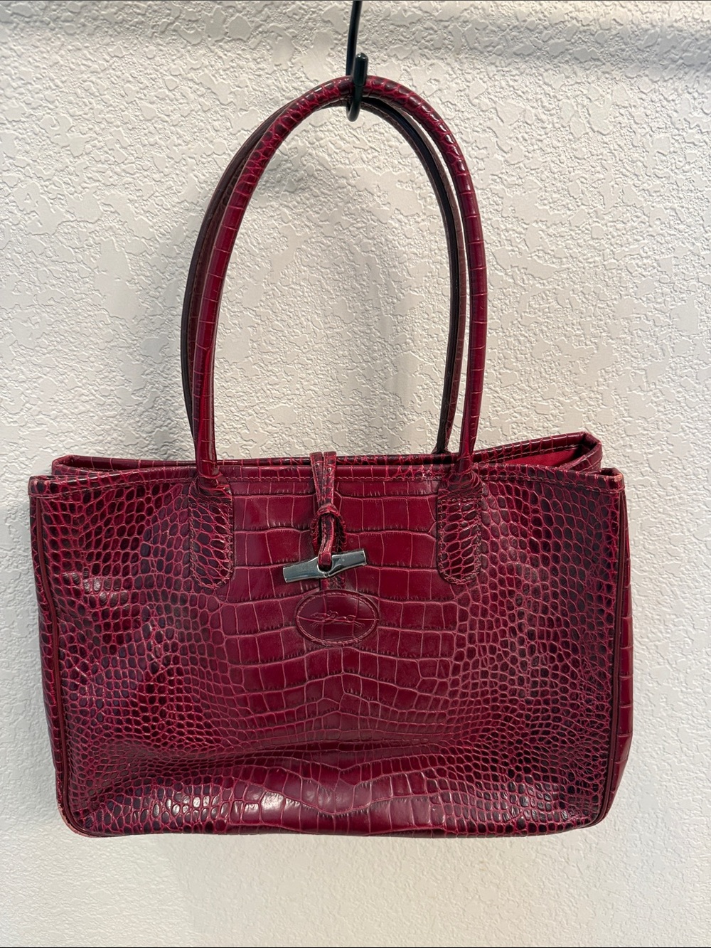 Longchamp Burgundy Croc-Embossed Leather Shoulder Bag